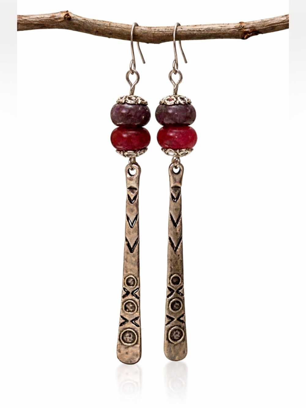 Boho Aubergine Glass Dangle Earrings • Antique Silver Bar • Handmade